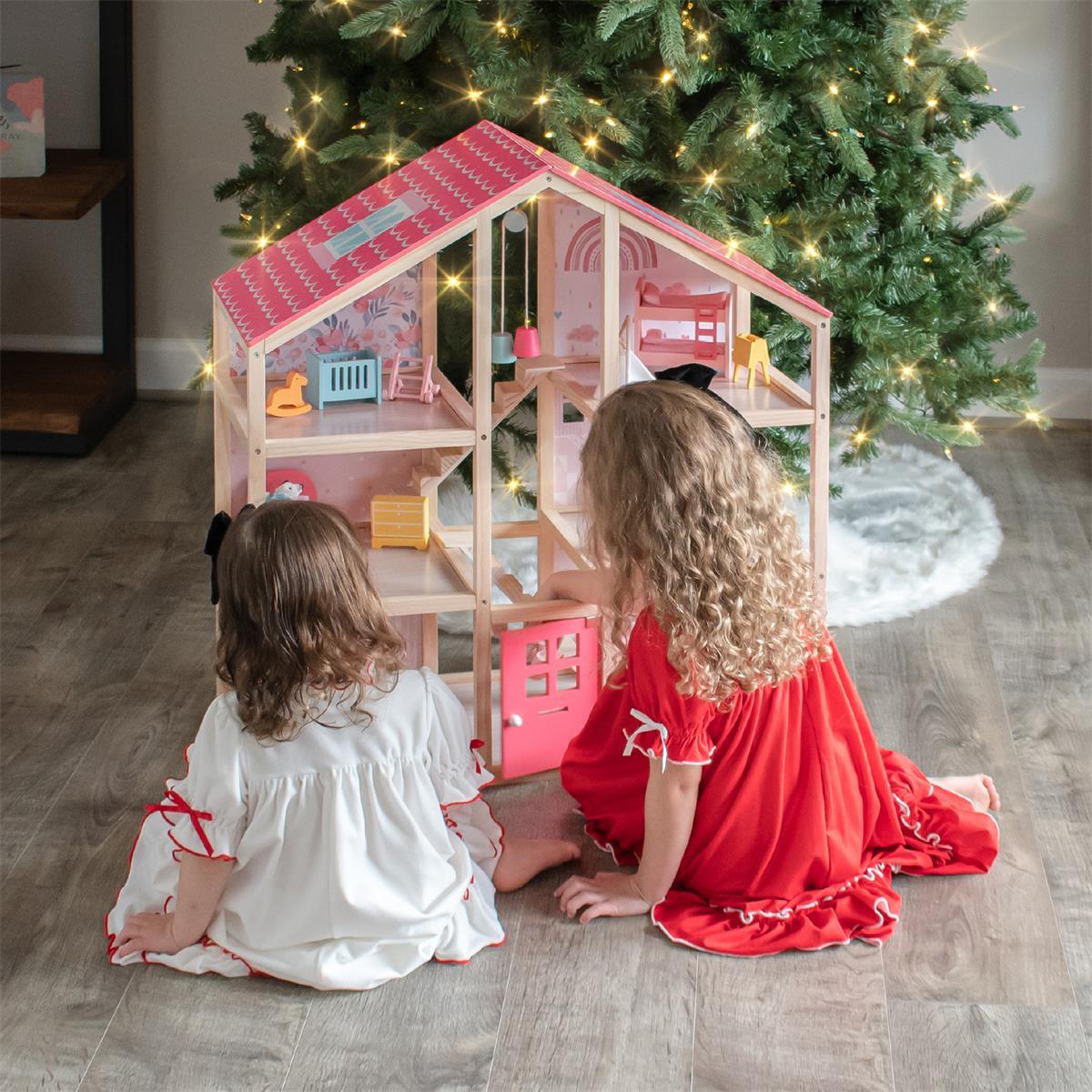 Tiny Land® Sweetwood Wooden Dollhouse without Dolls – 3 Levels + Attic, 6 Rooms, Wooden Furniture Set, Ages 3+