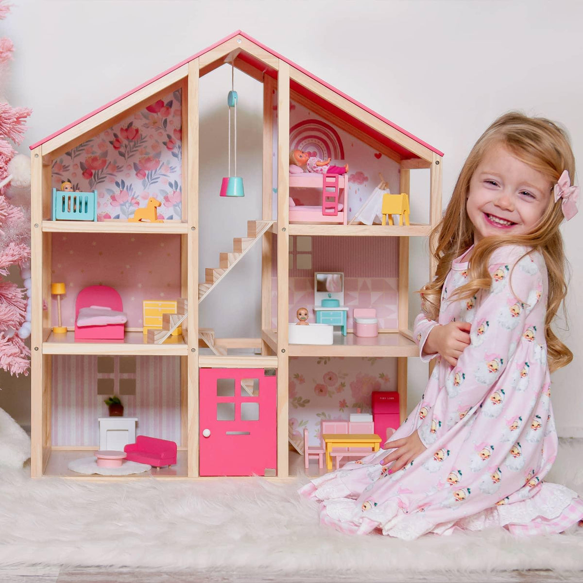 Tiny Land® Sweetwood Wooden Dollhouse without Dolls – 3 Levels + Attic, 6 Rooms, Wooden Furniture Set, Ages 3+