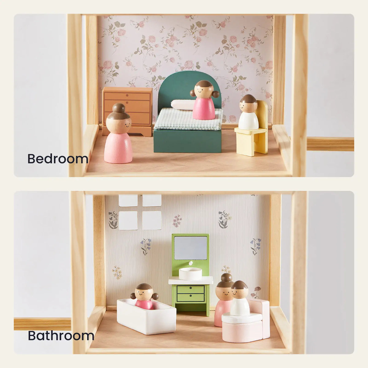Tiny Land® Sweetwood Wooden Dollhouse without Dolls – 3 Levels + Attic, 6 Rooms, Wooden Furniture Set, Ages 3+