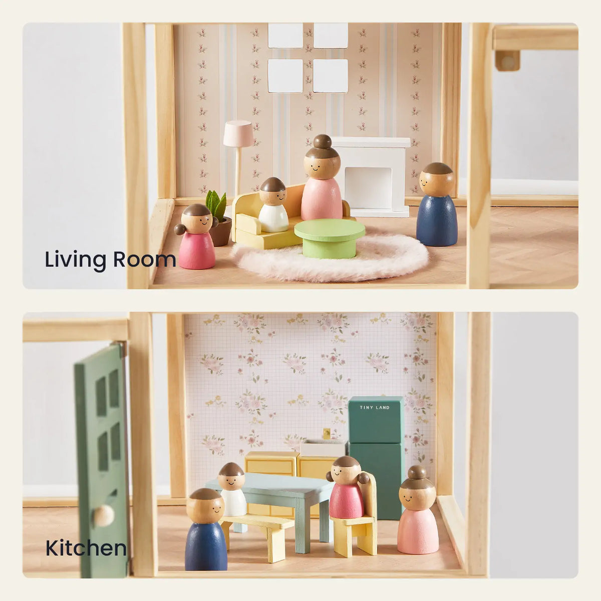Tiny Land® Sweetwood Wooden Dollhouse without Dolls – 3 Levels + Attic, 6 Rooms, Wooden Furniture Set, Ages 3+