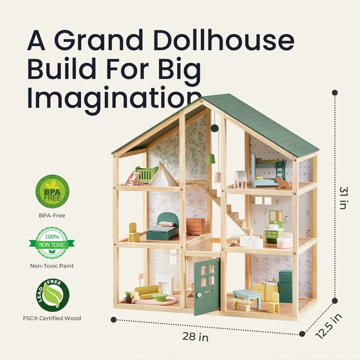 Tiny Land® Sweetwood Wooden Dollhouse without Dolls – 3 Levels + Attic, 6 Rooms, Wooden Furniture Set, Ages 3+