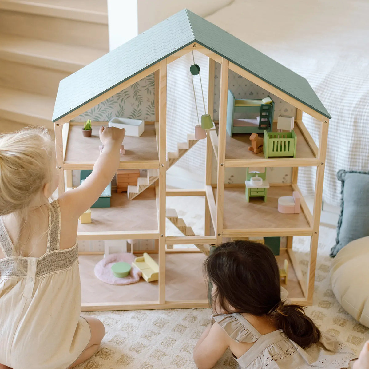 Tiny Land® Sweetwood Wooden Dollhouse without Dolls – 3 Levels + Attic, 6 Rooms, Wooden Furniture Set, Ages 3+