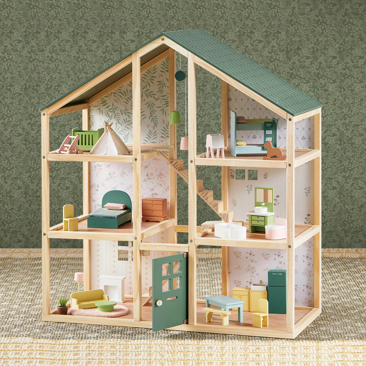 Tiny Land® Sweetwood Wooden Dollhouse without Dolls – 3 Levels + Attic, 6 Rooms, Wooden Furniture Set, Ages 3+