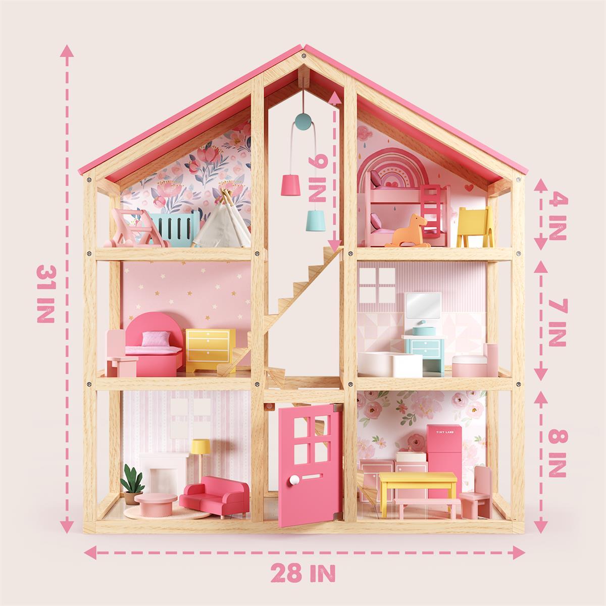 Tiny Land® Sweetwood Wooden Dollhouse without Dolls – 3 Levels + Attic, 6 Rooms, Wooden Furniture Set, Ages 3+