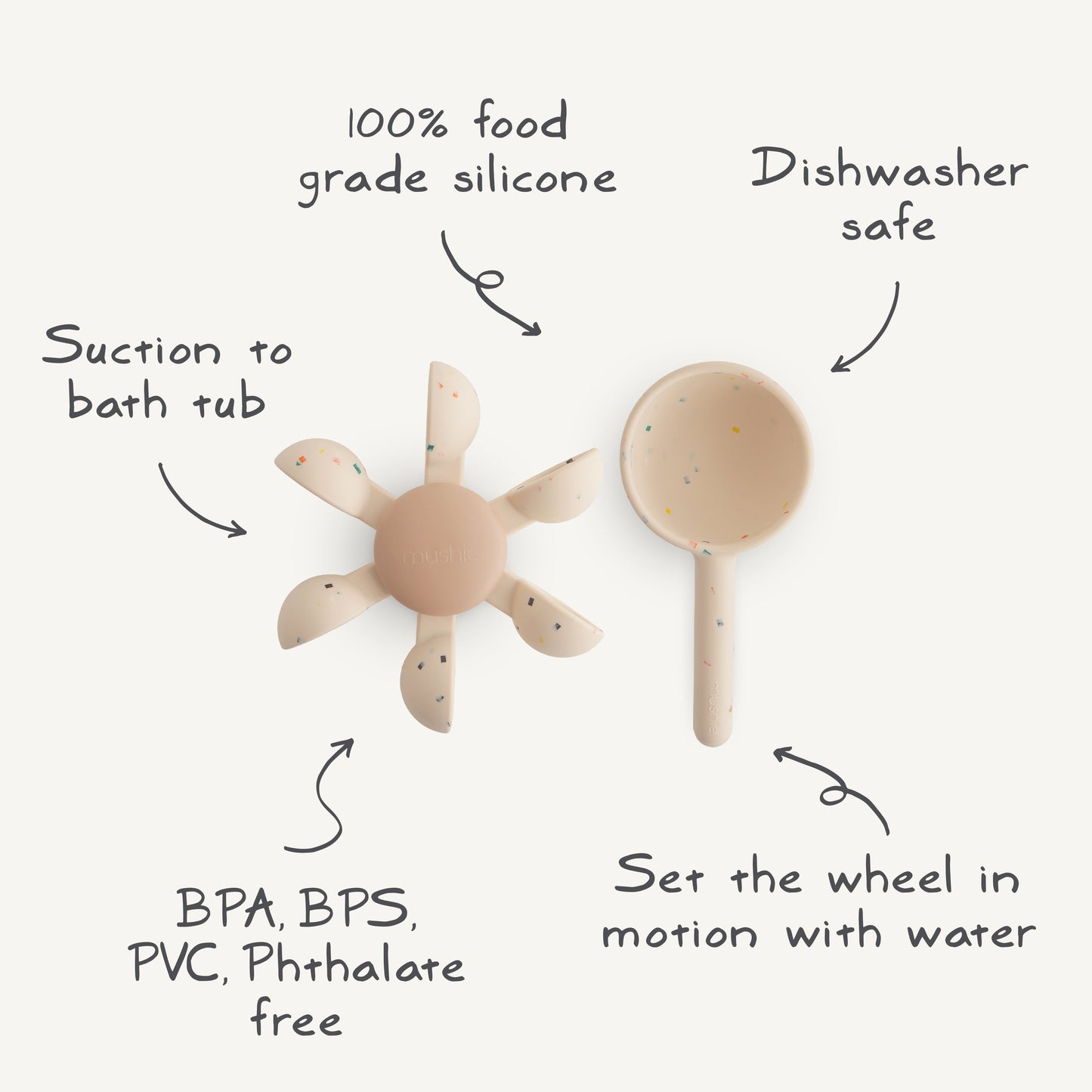 Mushie Water Wheel Bath Toy - Interactive Plastic Free Silicone Suction Cup Bath Fun