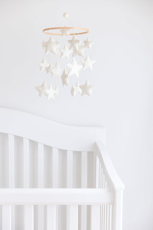 White Stars Crib Mobile – Handmade Wool Felt Nursery Decor
