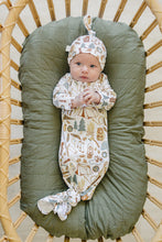 Load image into Gallery viewer, baby in bassinet wearing eco-friendly bamboo knotted gown and knotted hat in camping print by mebie baby
