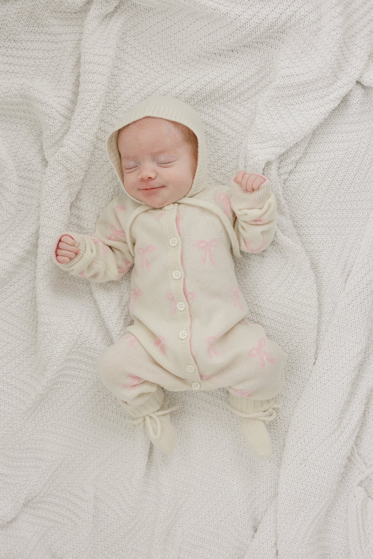 Luna + Luca Bow Cashmere Luxxe Baby Jumpsuit, Bonnet and Bootie Set