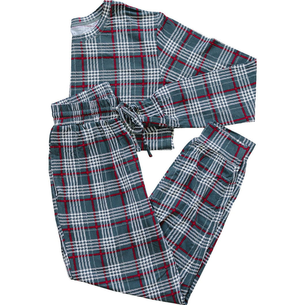 Mebie Baby Green Plaid Sustainable Bamboo Cozy Pajamas Lounge Set | Adult Women