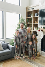 Load image into Gallery viewer, family of 5 in front of christmas tree wearing matching sustainable bamboo green plaid pajamas by mebie baby
