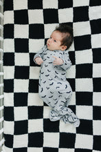 Load image into Gallery viewer, a baby on checkered blanket wearing eco-friendly bamboo halloween bats baby knot gown
