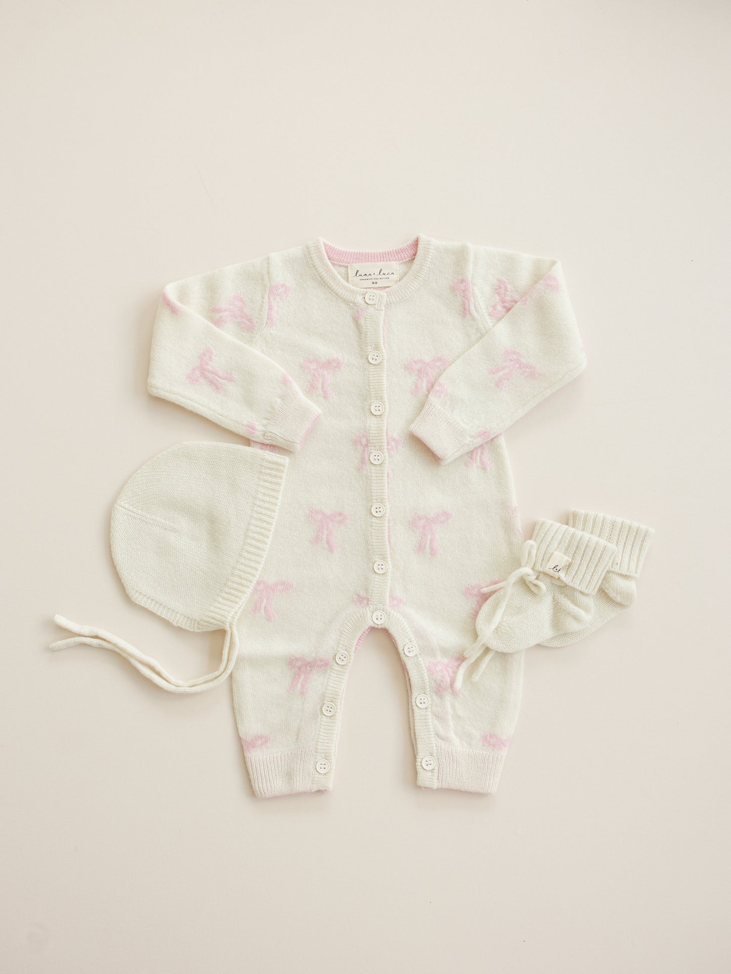Luna + Luca Bow Cashmere Luxxe Baby Jumpsuit, Bonnet and Bootie Set