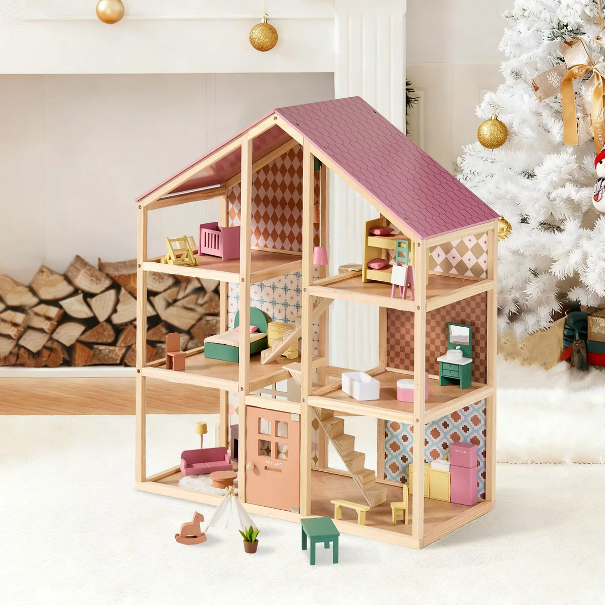 Tiny Land® Sweetwood Pegasus Wooden Dollhouse with Doll Family – 31-Piece Furniture Set & Stroller, Ages 3+