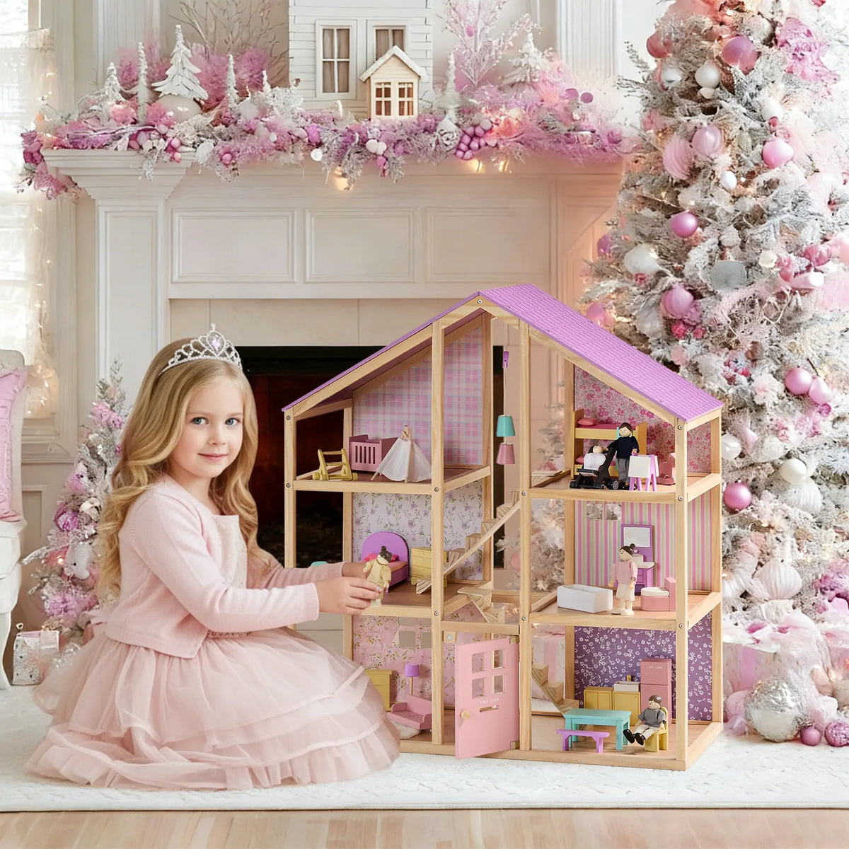 Tiny Land® Sweetwood Wooden Dollhouse without Dolls – 3 Levels + Attic, 6 Rooms, Wooden Furniture Set, Ages 3+