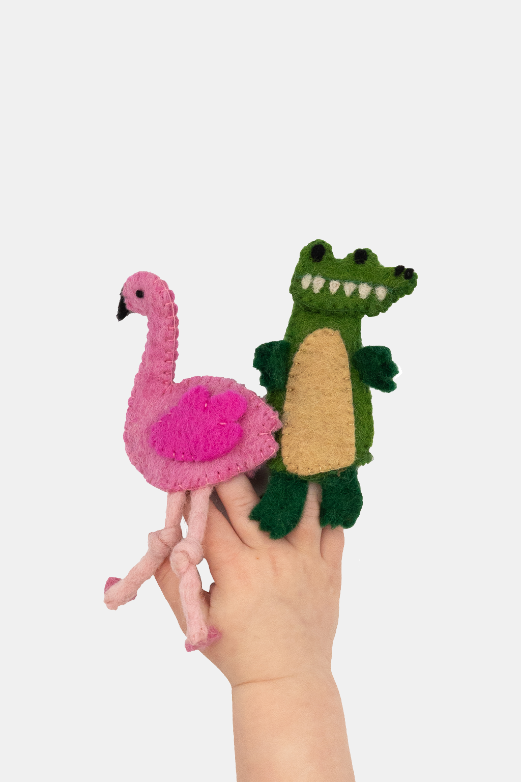 Alligator & Flamingo Finger Puppet Set – Handmade Wool Felt Pretend Play Toy