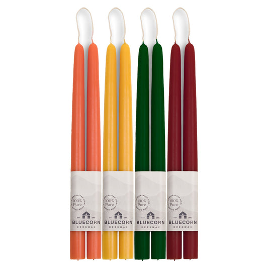 Bluecorn Autumn Beeswax Taper Candle Bundle – Raw, Moss, Burgundy & Apricot