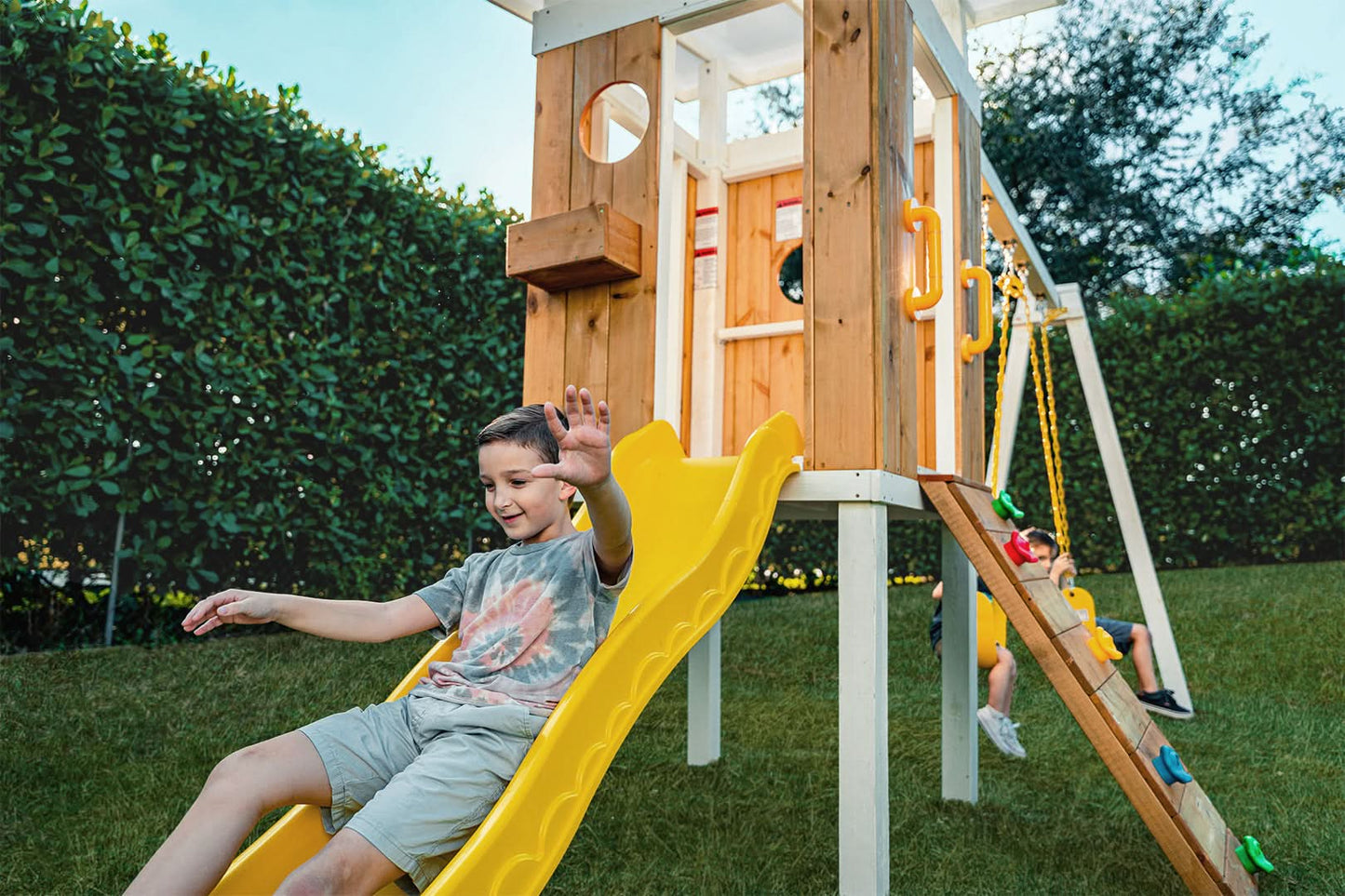 Avenlur Forest: Modern Eco-Friendly Non-Toxic Backyard Wooden Swing Set with Slide, Fort & Rock Wall for Up to 7 Kids