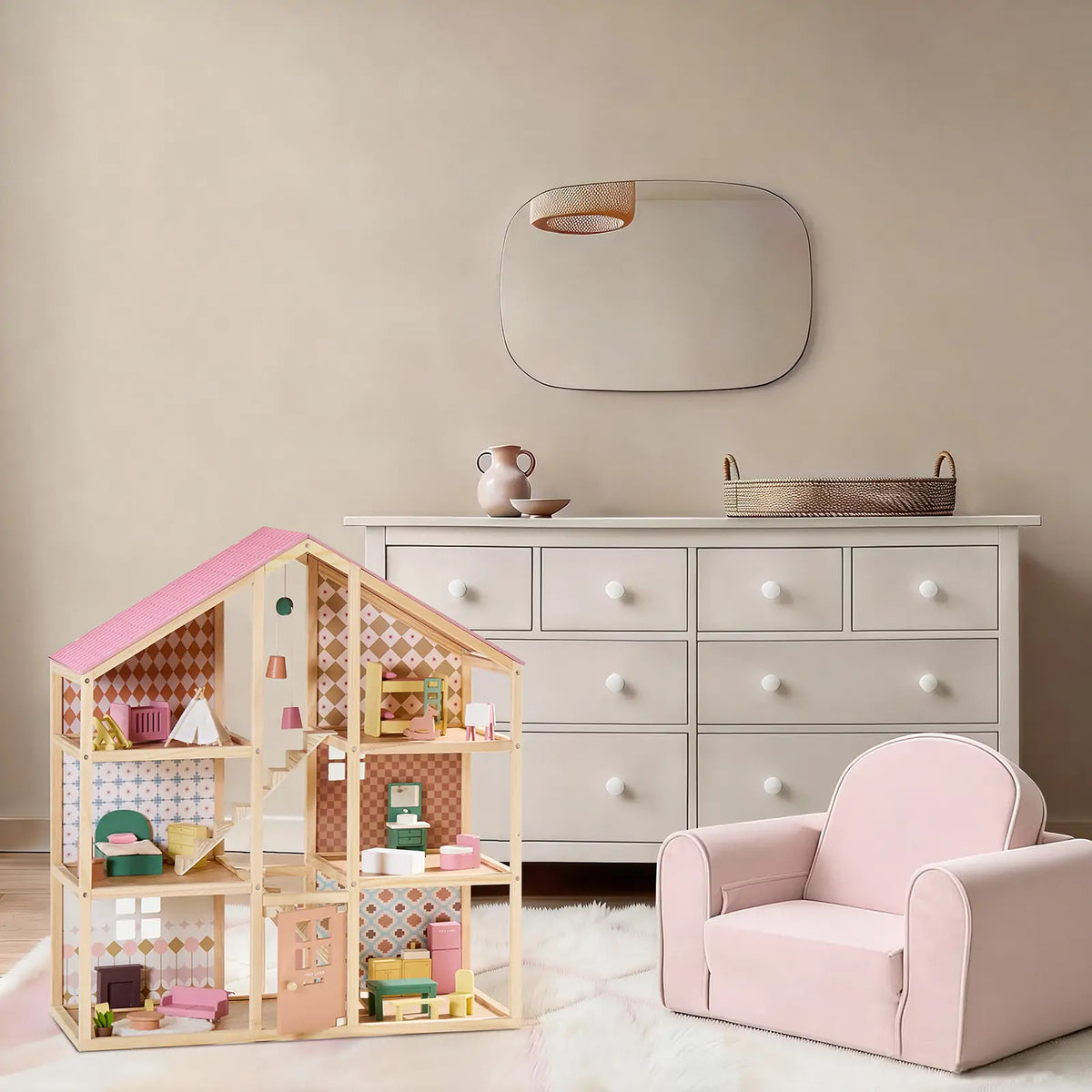 Tiny Land® Sweetwood Pegasus Wooden Dollhouse with Doll Family – 31-Piece Furniture Set & Stroller, Ages 3+
