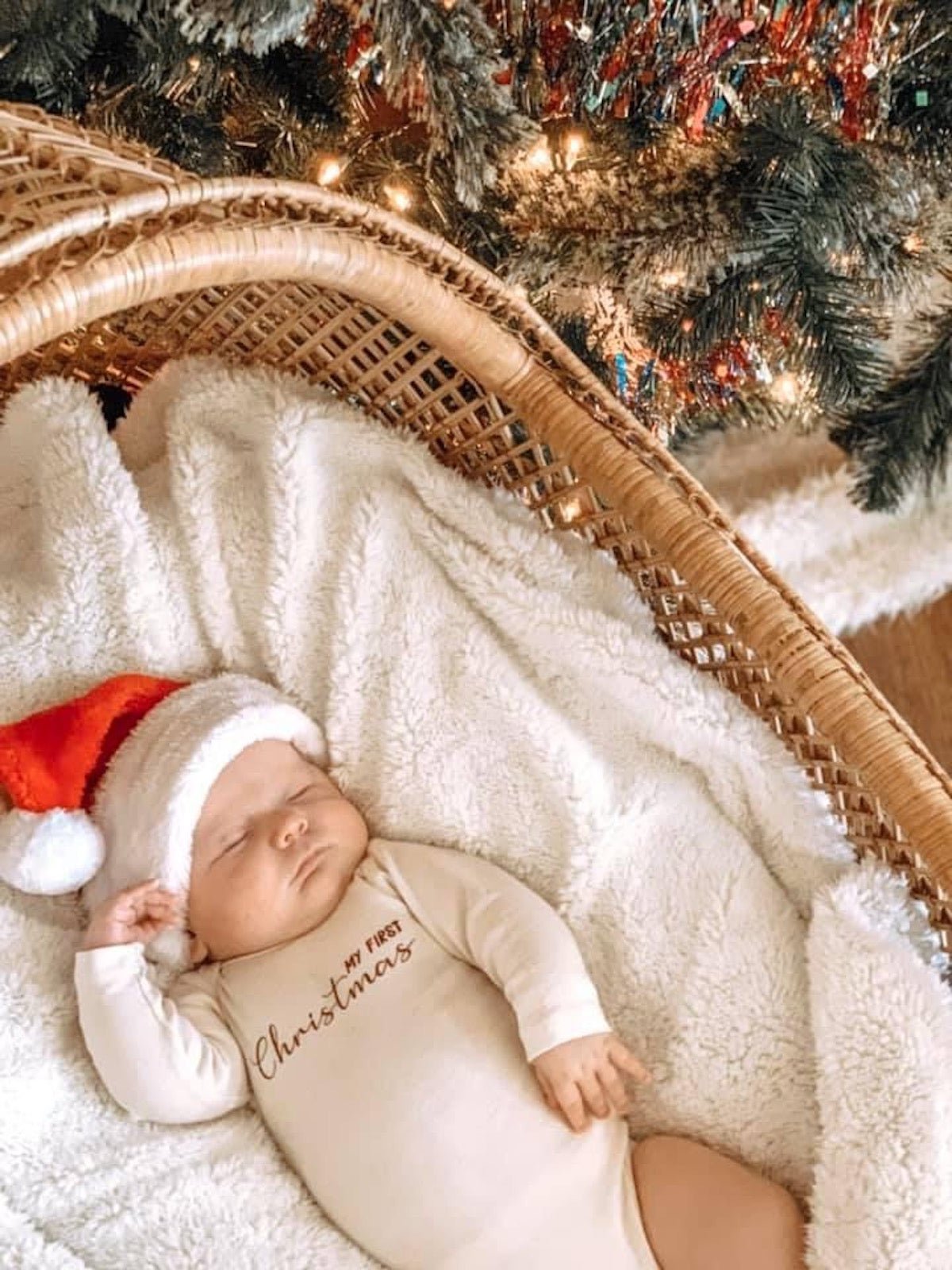 My First Christmas Organic Cotton Baby Bodysuit – Long Sleeve, Red or Olive, 0–24M