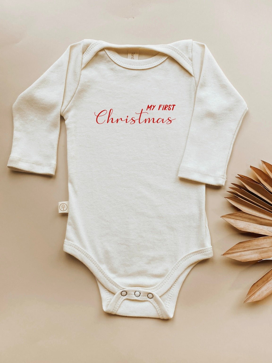 My First Christmas Organic Cotton Baby Bodysuit – Long Sleeve, Red or Olive, 0–24M