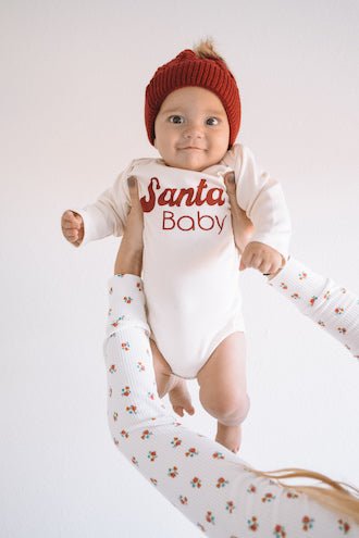 Santa Baby Organic Cotton Baby Bodysuit – Long Sleeve, Red or Olive, 0–24M