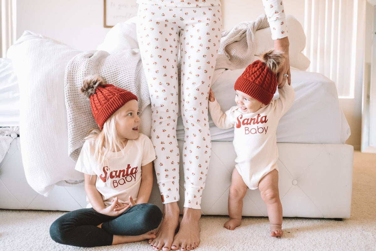 Santa Baby Organic Cotton Baby Bodysuit – Long Sleeve, Red or Olive, 0–24M