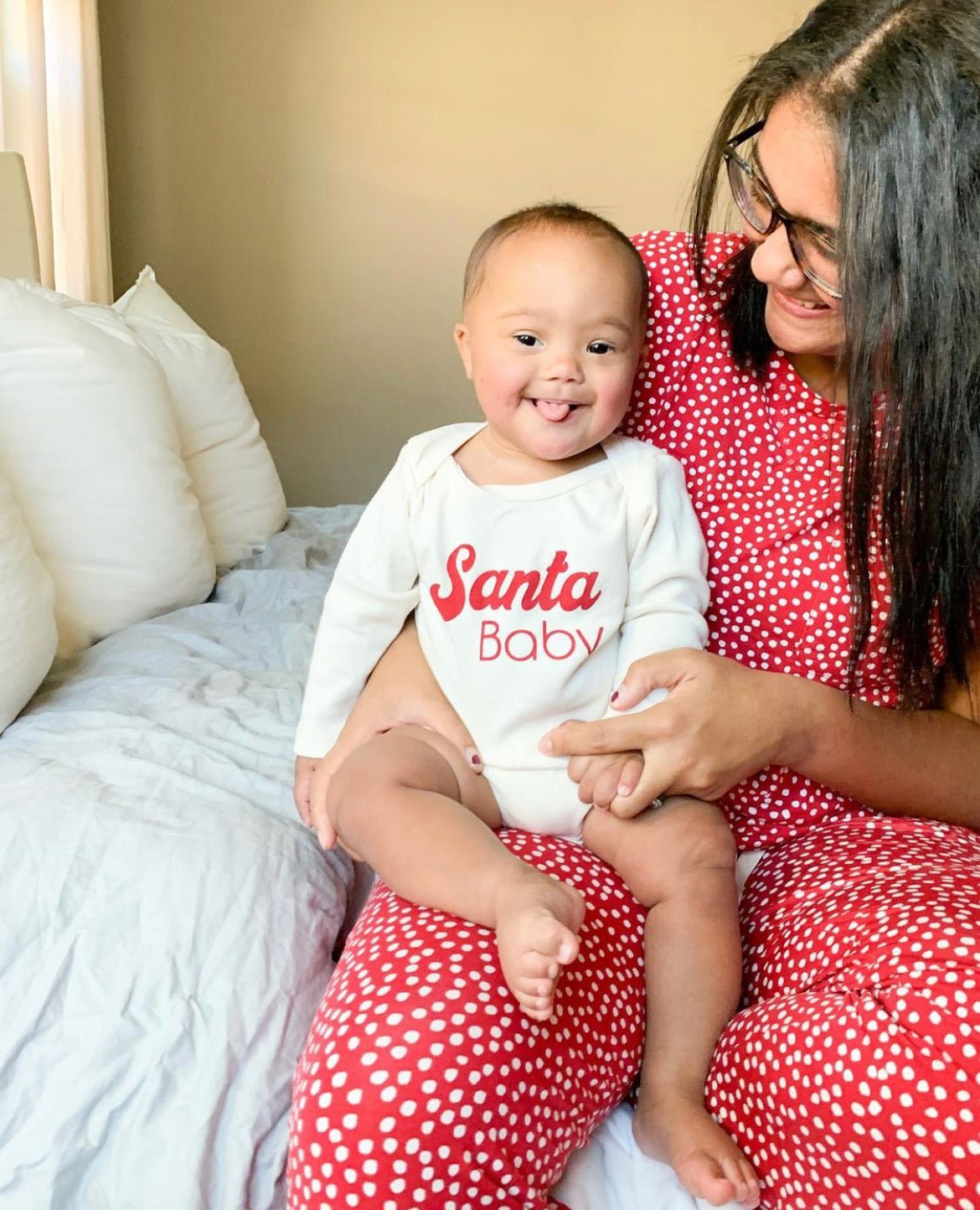Santa Baby Organic Cotton Baby Bodysuit – Long Sleeve, Red or Olive, 0–24M