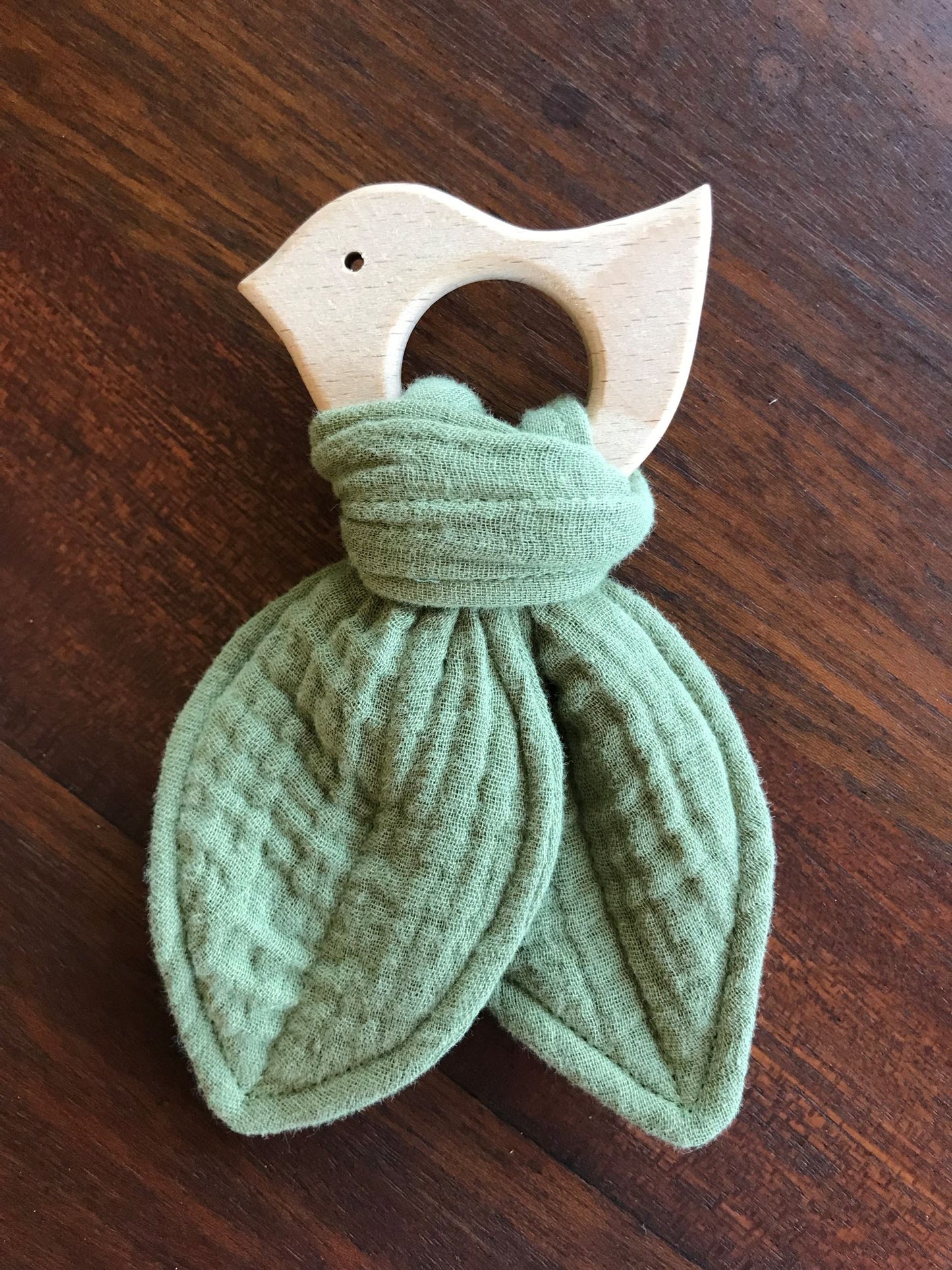 Wendy Anne Sustainable Non Toxic Baby Beech Wood Teether with Organic Cotton Fabric Tie