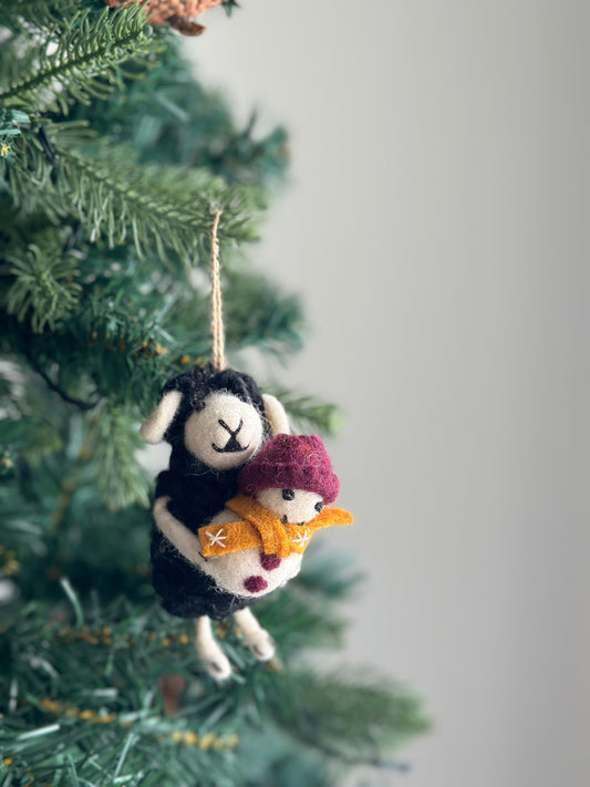 Black Sheep with Snowman Ornament – Handmade Wool Felt Holiday Decor