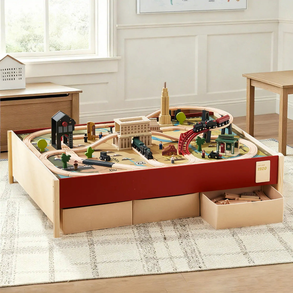 Tiny Land 1920 Railway Adventure Wooden Train Table – 102-Piece Train Set with Storage