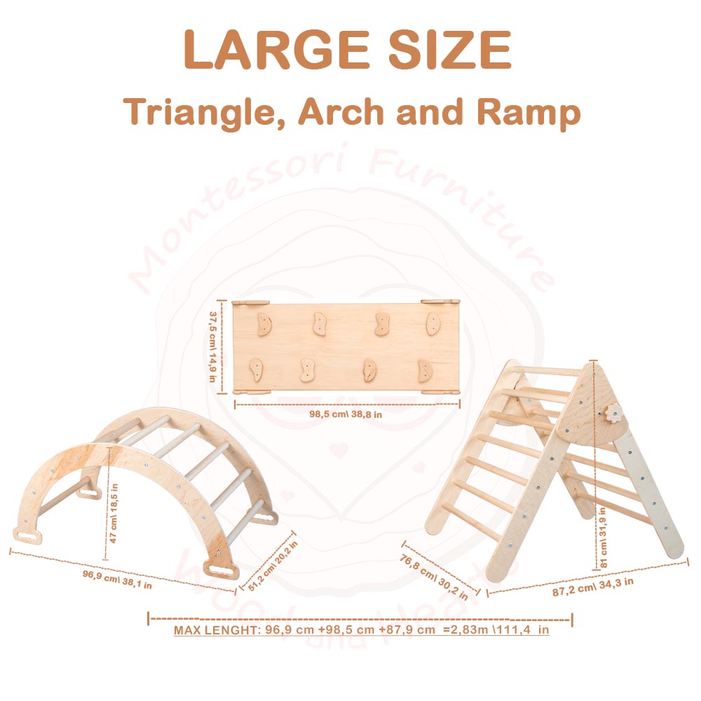 Wood and Hearts Eco-Friendly Wooden Montessori Climbing 3-in-1 Set | Foldable Triangle, Climbing Arch, Rocker Board