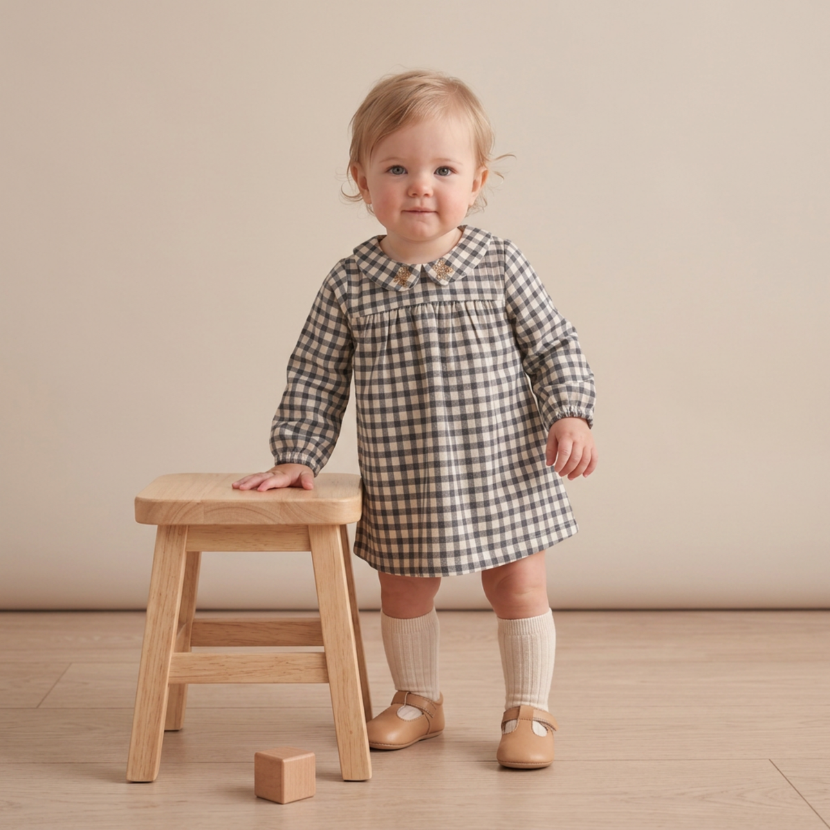 Organic Peter Pan Collar Dress for Babies – Charcoal Plaid