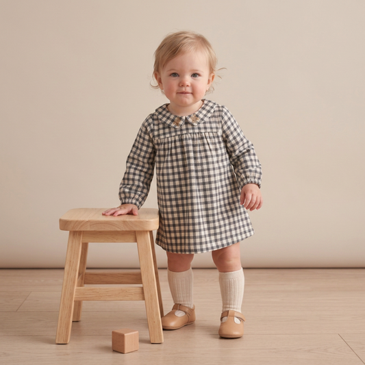 Organic Peter Pan Collar Dress for Babies – Charcoal Plaid
