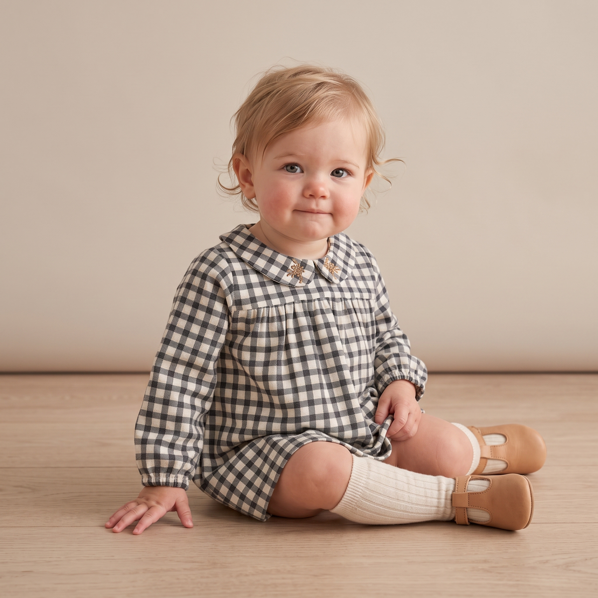 Organic Peter Pan Collar Dress for Babies – Charcoal Plaid