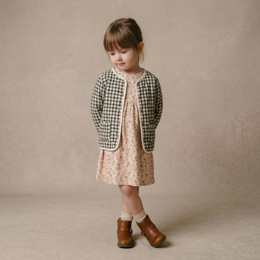 Organic Quilted Buttoned Jacket for Babies & Toddlers – Charcoal Plaid