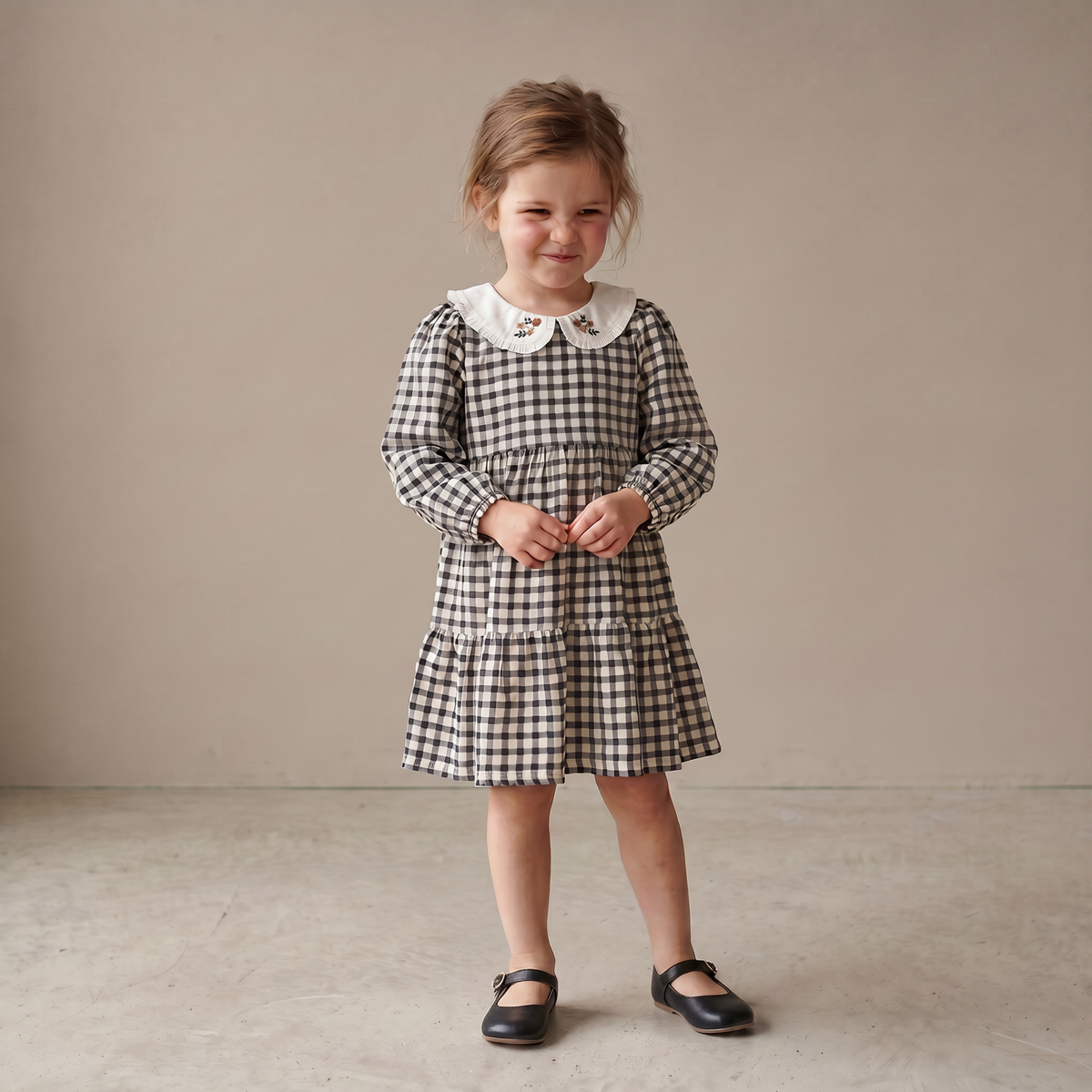 Organic Cotton Collar Tiered Dress for Babies & Toddlers – Charcoal Plaid