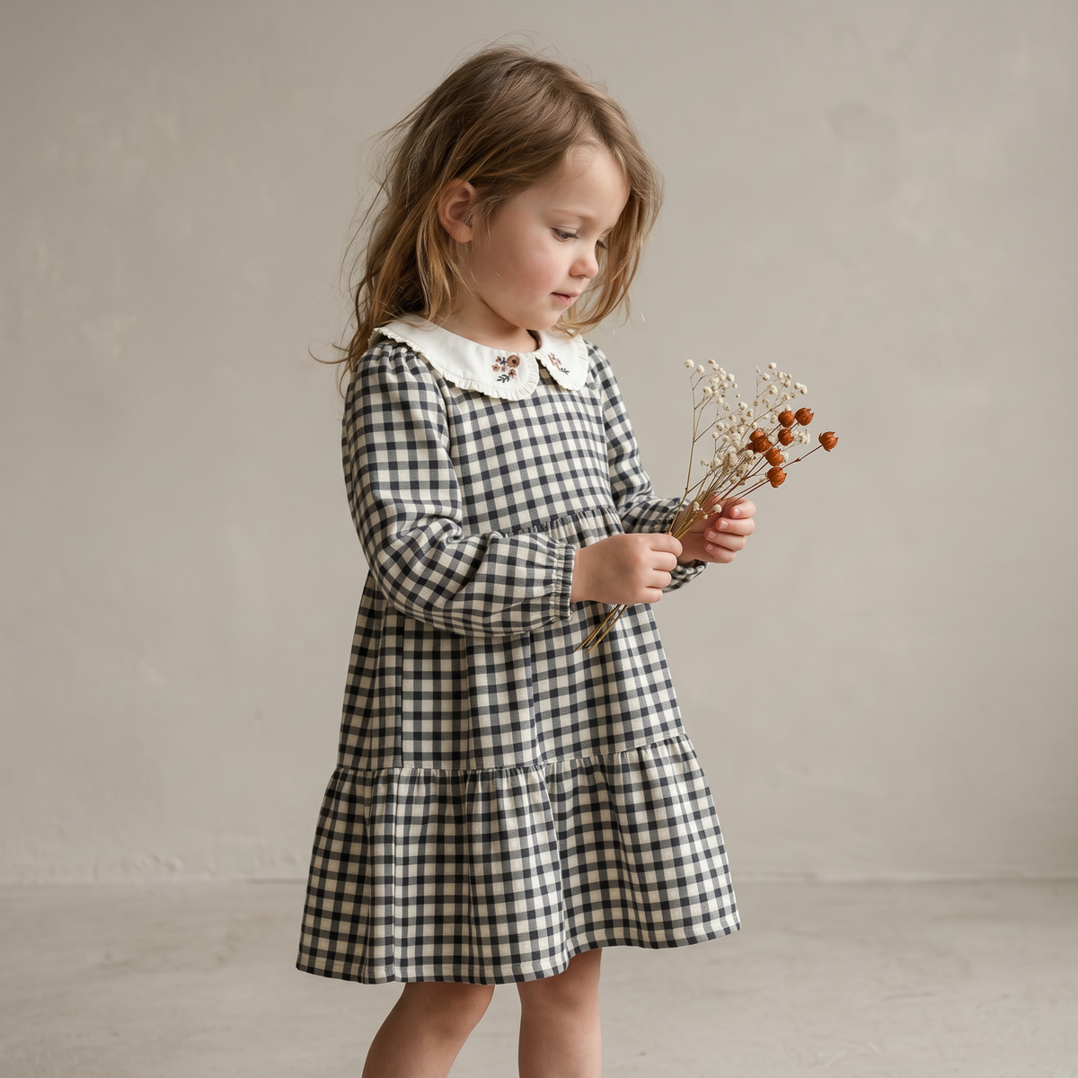 Organic Cotton Collar Tiered Dress for Babies & Toddlers – Charcoal Plaid