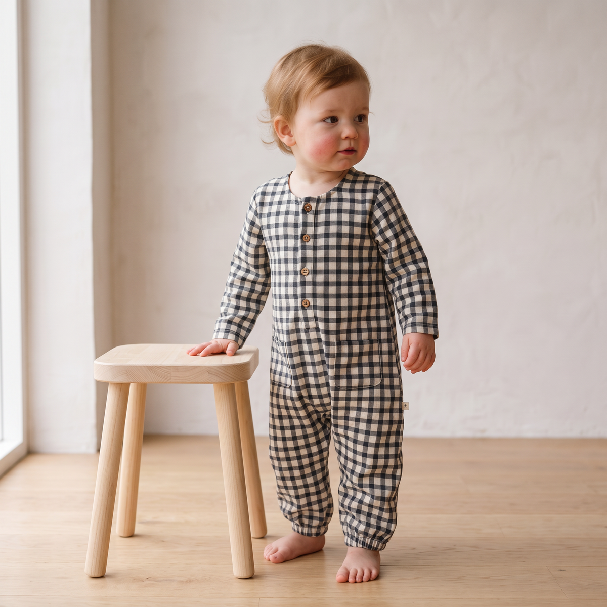 Organic Cotton Twill Long Sleeve Button Romper for Babies – Charcoal Plaid