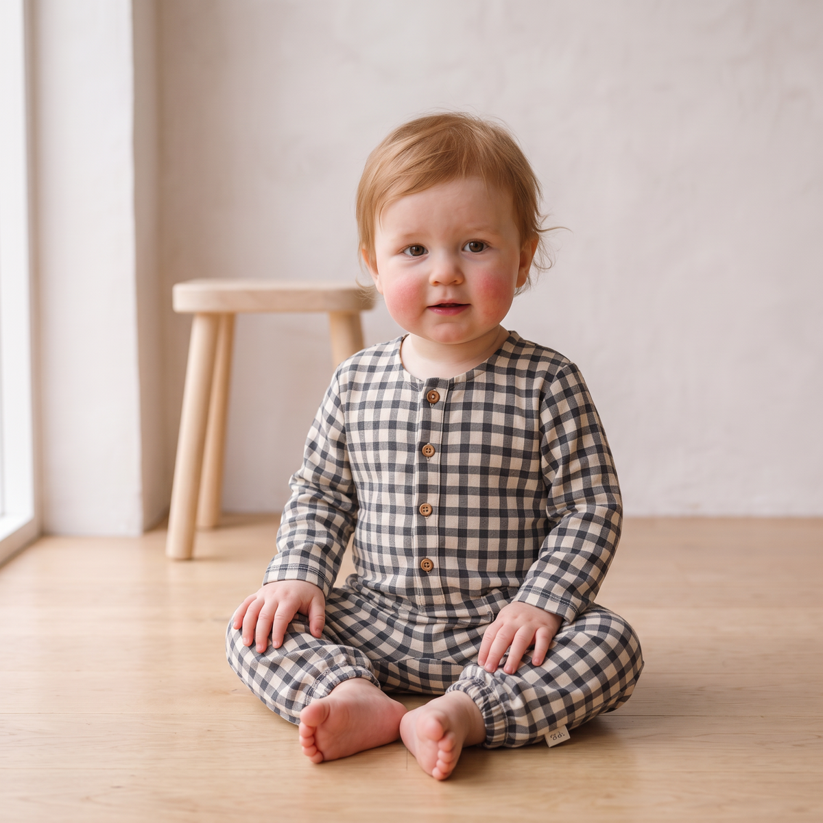 Organic Cotton Twill Long Sleeve Button Romper for Babies – Charcoal Plaid