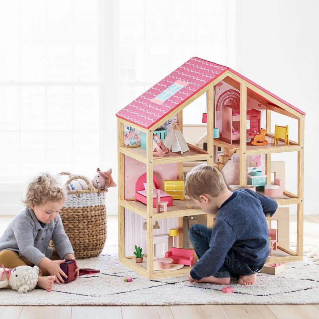 Tiny Land® Sweetwood Wooden Dollhouse without Dolls – 3 Levels + Attic, 6 Rooms, Wooden Furniture Set, Ages 3+