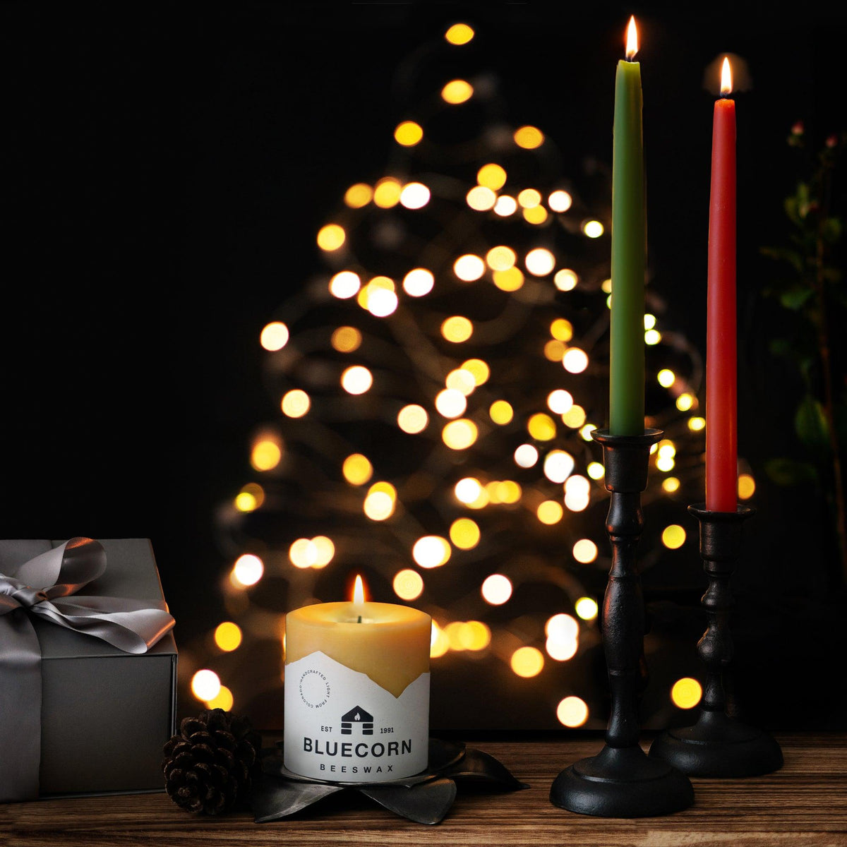 Bluecorn Classic Christmas Beeswax Taper Candle Bundle – Red & Moss Green