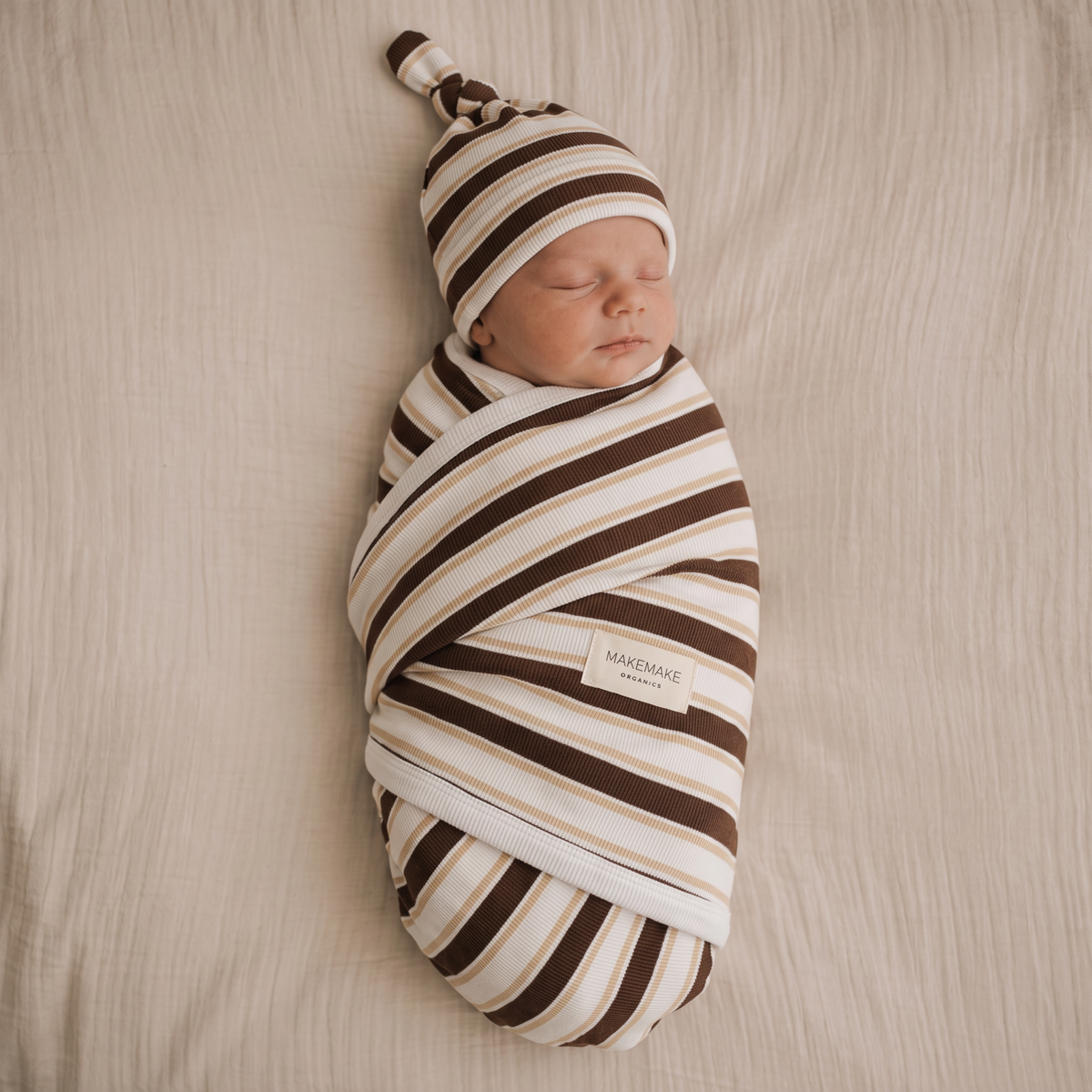 Organic Cotton Swaddle Blanket & Knotted Hat Set for Newborns – Cocoa Stripe