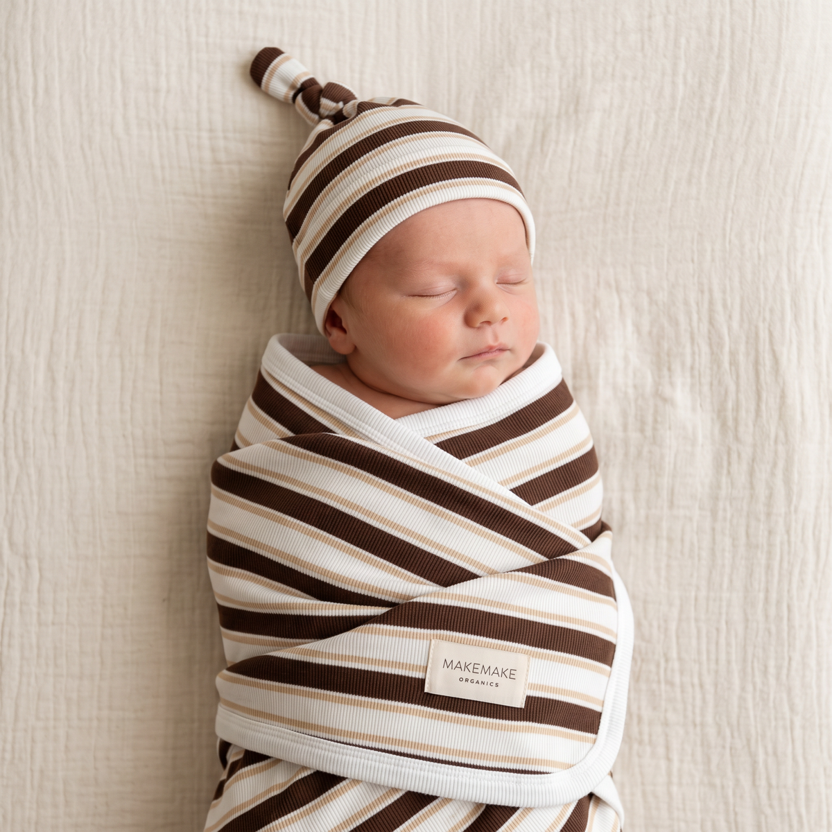 Organic Cotton Swaddle Blanket & Knotted Hat Set for Newborns – Cocoa Stripe
