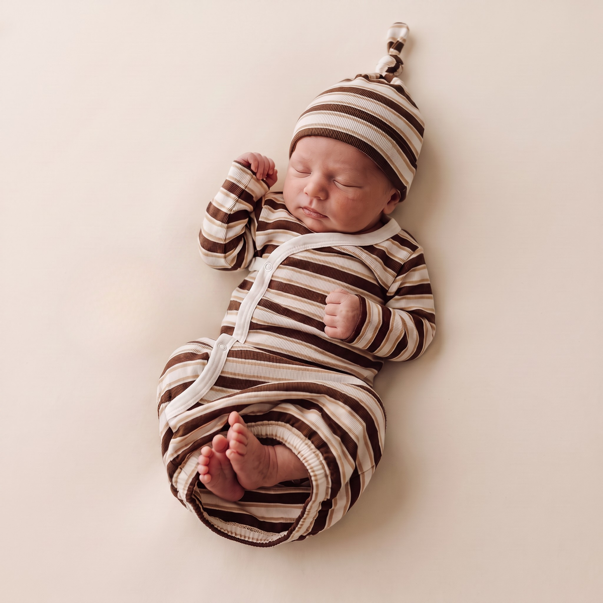 Organic Cotton Kimono Newborn Sleep Gown & Hat Set – Cocoa Stripe