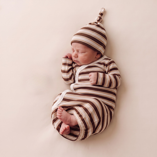 Organic Cotton Kimono Newborn Sleep Gown & Hat Set – Cocoa Stripe