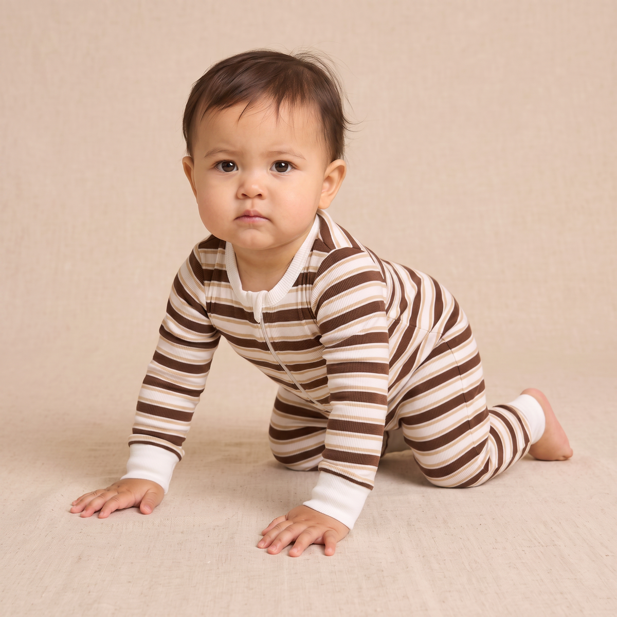 Organic Cotton 2-Way Zip Romper with Convertible Footies & Mittens for Babies – Cocoa Stripe