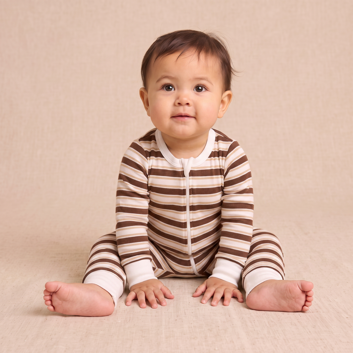 Organic Cotton 2-Way Zip Romper with Convertible Footies & Mittens for Babies – Cocoa Stripe