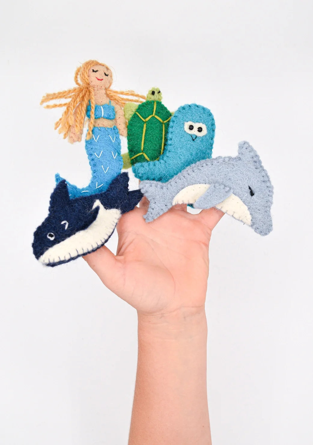 Whale & Dolphin Finger Puppet Set – Handmade Wool Felt Pretend Play Toy