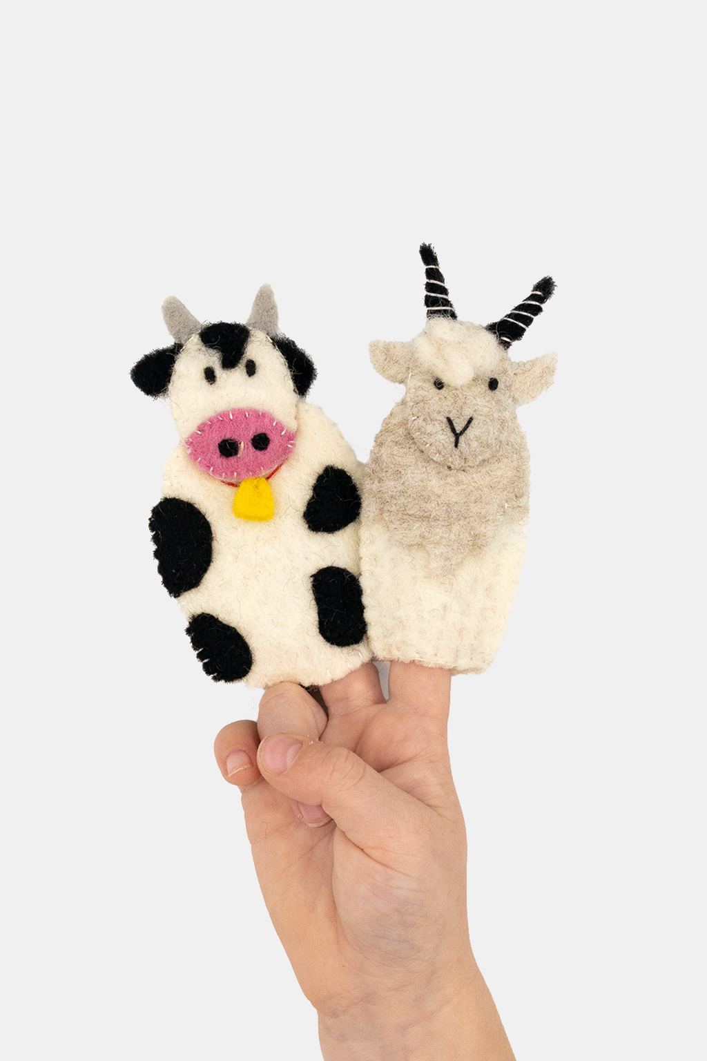 Cow & Goat Finger Puppet Set – Handmade Wool Felt Pretend Play Toy