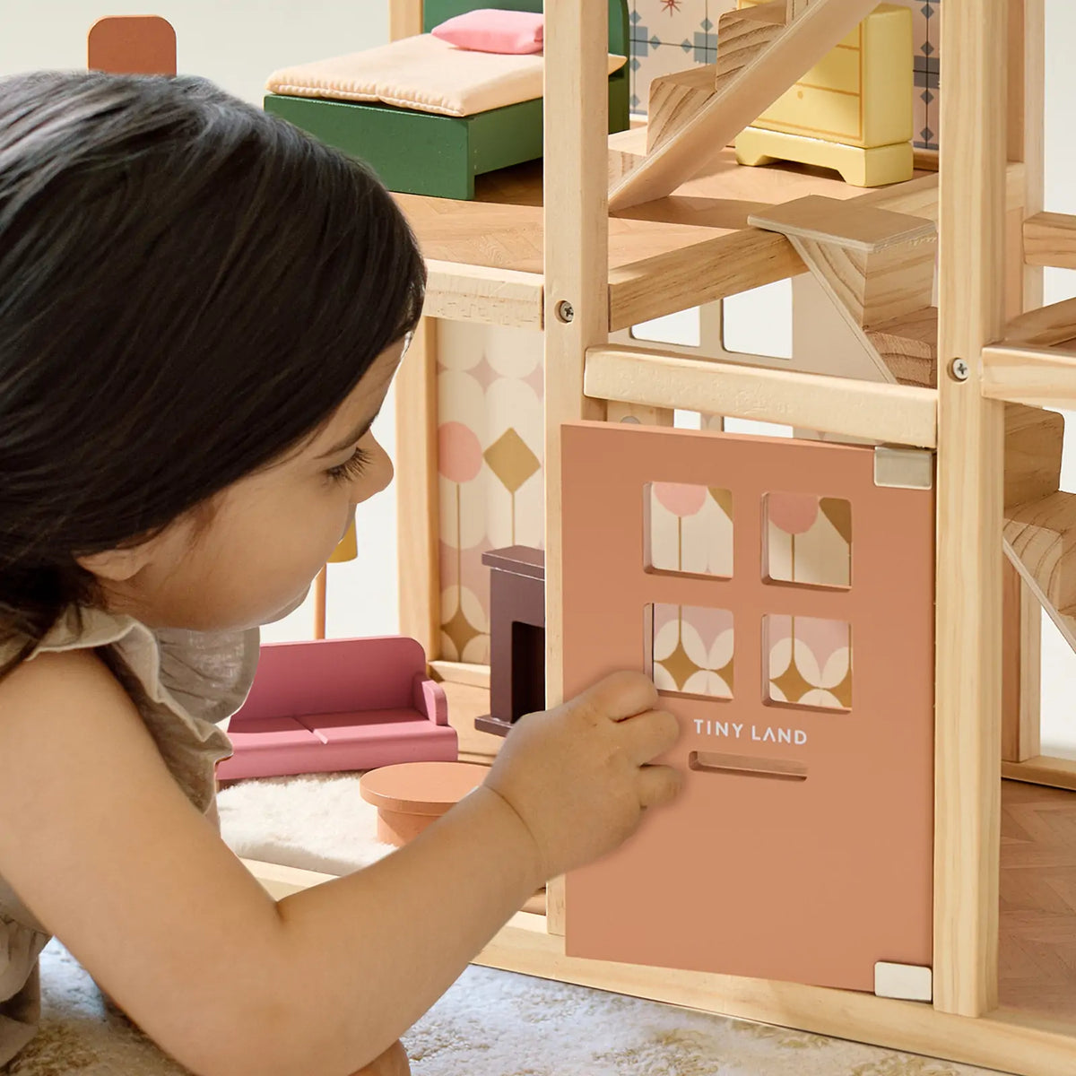 Tiny Land® Sweetwood Pegasus Wooden Dollhouse with Doll Family – 31-Piece Furniture Set & Stroller, Ages 3+